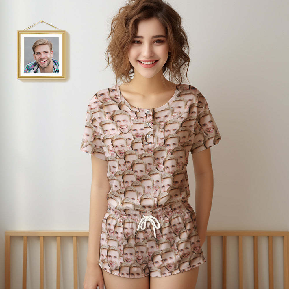 Pyjama Visage Personnalisé Mash Face Women Short Pyjama Set Cadeau Pour Elle - MaPhotocaleconFr