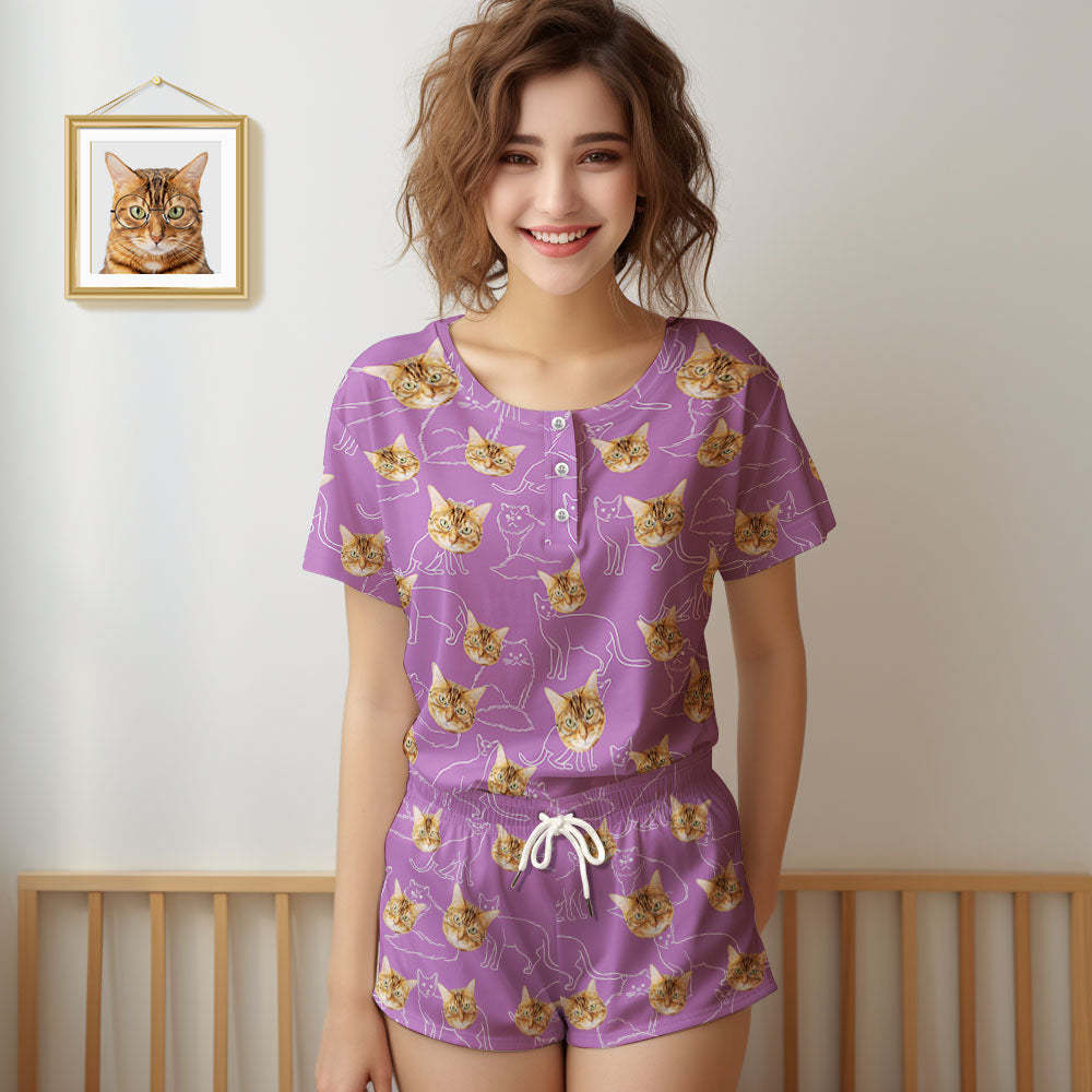 Pyjama Visage Personnalisé Visage De Chat Femmes Ensemble De Pyjama Court Cadeau Pour Amoureux Des Animaux De Compagnie - MaPhotocaleconFr