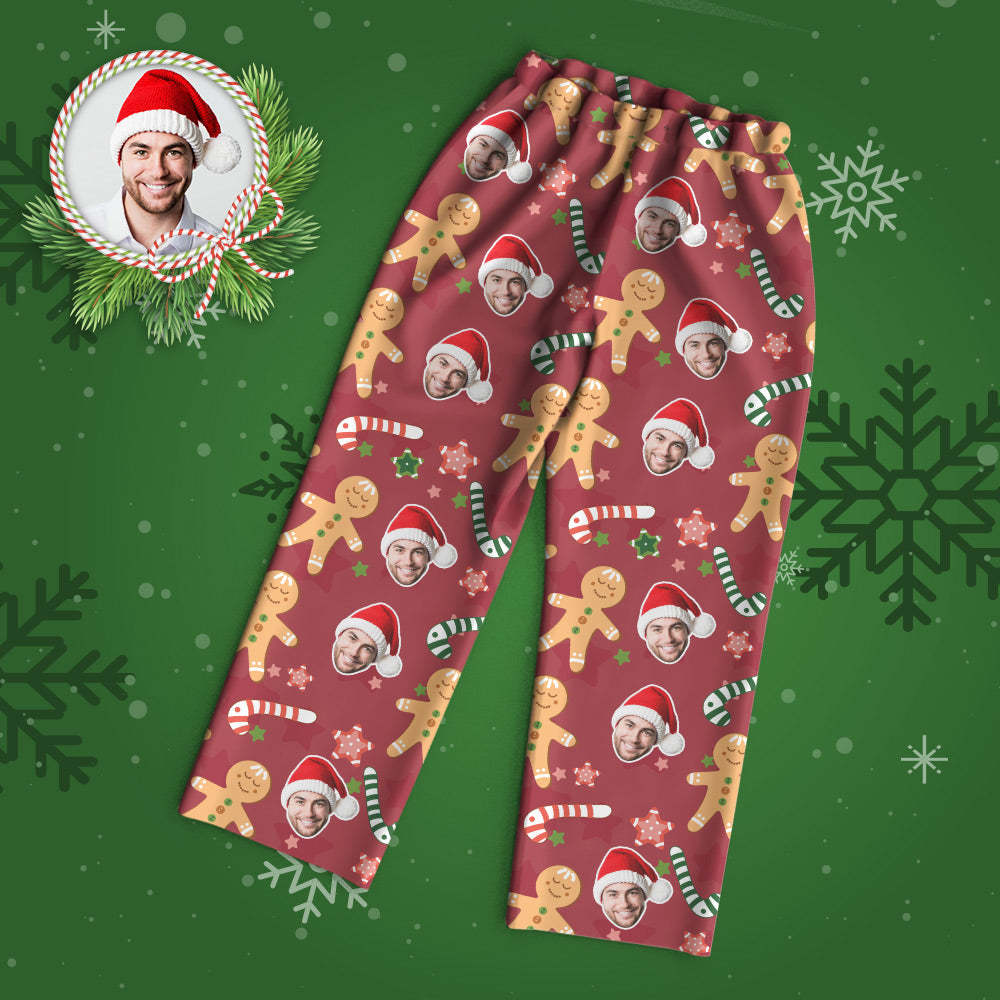 Pyjama Visage Personnalisé Pyjama Photo Rouge Personnalisé Mignon Bonhomme En Pain D'épice Cadeaux De Noël - MaPhotocaleconFr