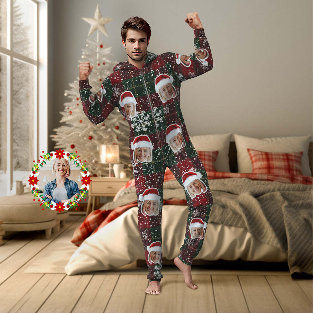 Pyjama De Noël Classique Avec Visage Personnalisé, Vêtements De Nuit Une Pièce, Cadeau De Noël - MaPhotocaleconFr