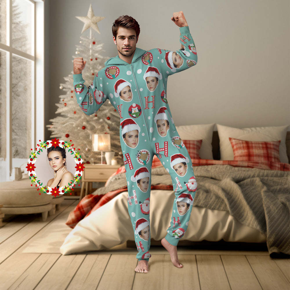 Pyjamas Personnalisés Pour Visage Ho Ho, Vêtements De Nuit Une Pièce De Noël, Cadeau De Noël - MaPhotocaleconFr