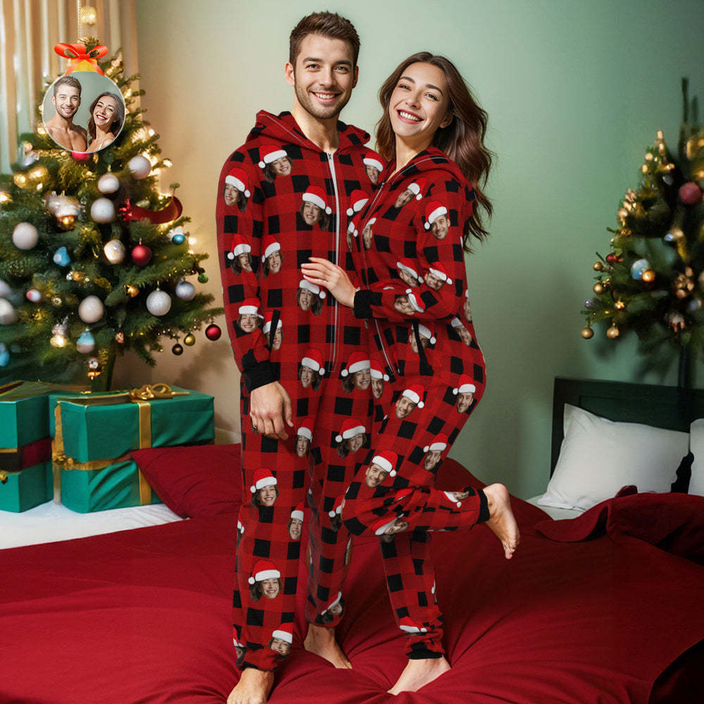 Pyjama Photo Personnalisé, Vêtements De Nuit Une Pièce, Combinaison À Carreaux Rouge Et Noir, Vêtements De Maison, Cadeau De Noël - MaPhotocaleconFr