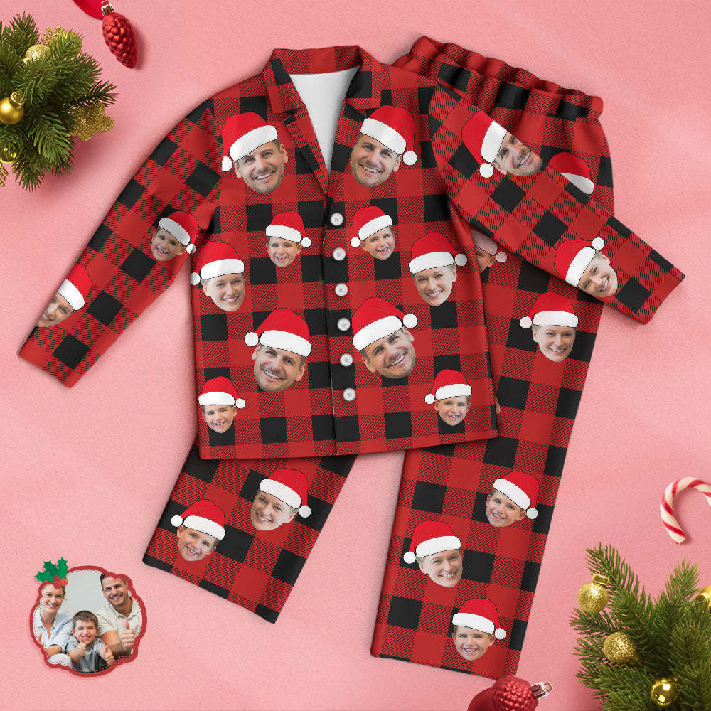 Pyjama Visage Personnalisé Photo Personnalisée Noël Famille Buffalo Plaid Pyjamas - MaPhotocaleconFr
