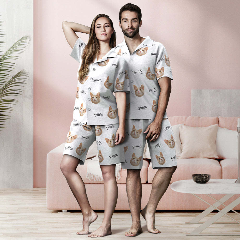 Pyjamas À Manches Courtes Visage Personnalisé Vêtements De Nuit Chat Personnalisés Avec Poisson Femmes Hommes Pyjamas - MaPhotocaleconFr