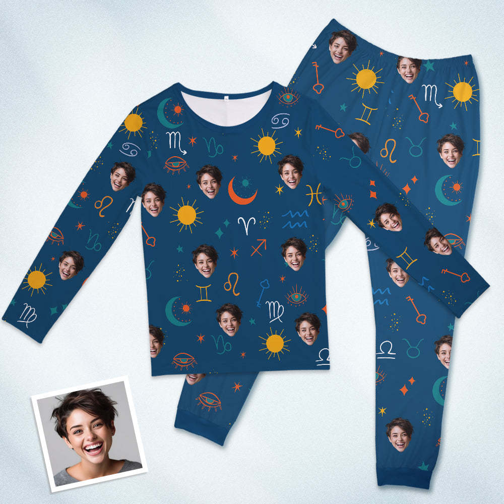 Pyjama Visage Personnalisé Vêtements De Nuit Personnalisé Col Rond Pyjama Bleu Symbole Constellation Pour Femmes Et Hommes - MaPhotocaleconFr