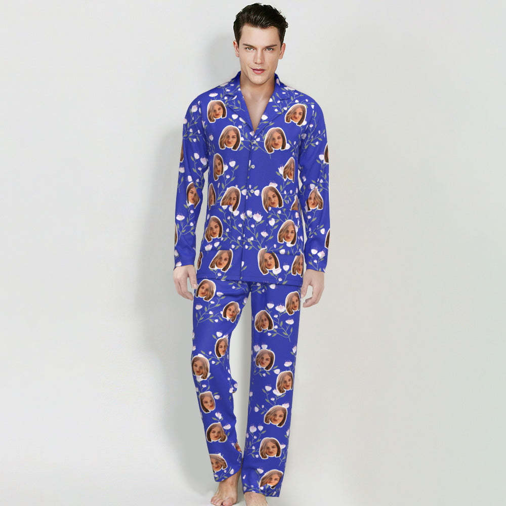 Visage Personnalisé À Manches Longues Bouton Vers Le Bas Vêtements De Nuit Personnalisé Photo Bleu Pyjama Fleurs Cadeau Pour Les Amis - MaPhotocaleconFr