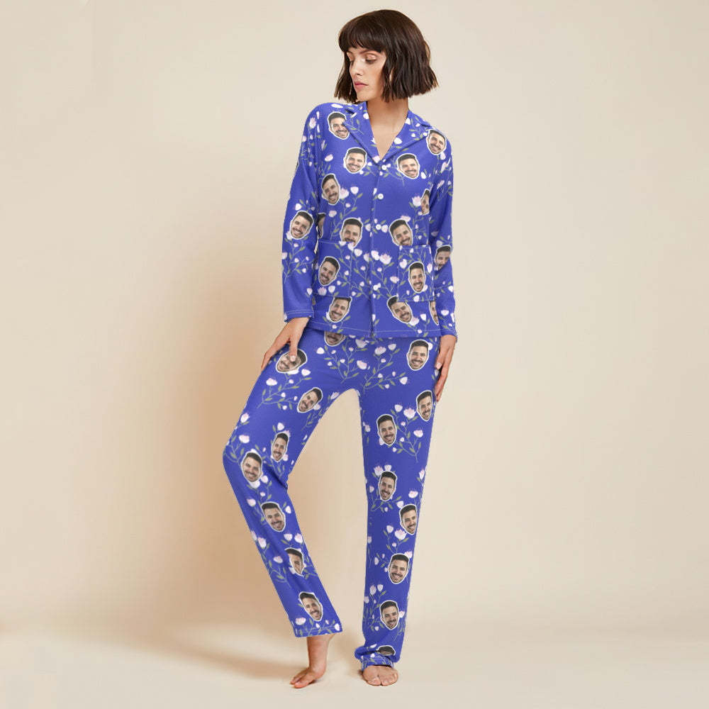 Visage Personnalisé À Manches Longues Bouton Vers Le Bas Vêtements De Nuit Personnalisé Photo Bleu Pyjama Fleurs Cadeau Pour Les Amis - MaPhotocaleconFr