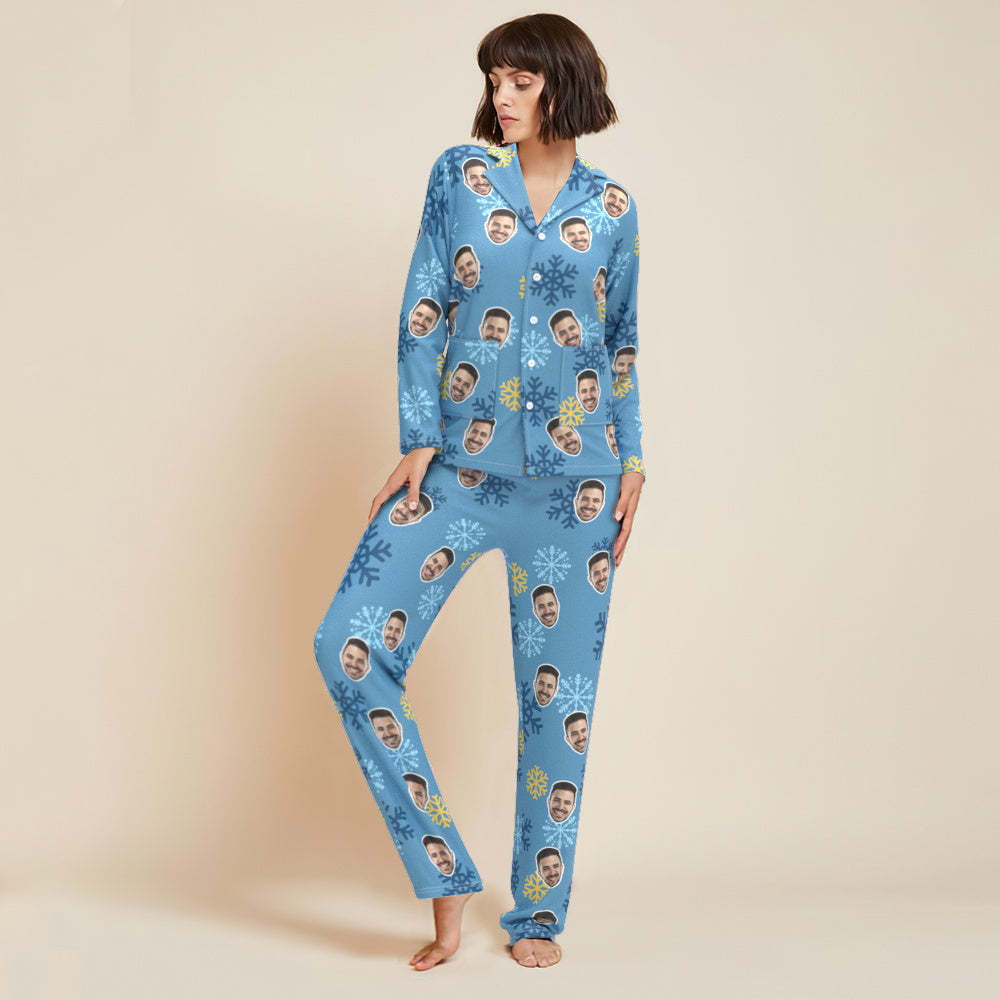 Pyjama Visage Personnalisé Vêtements De Nuit Photo Personnalisée Pyjama Bleu Cadeau Flocon De Neige Pour Les Amis - MaPhotocaleconFr