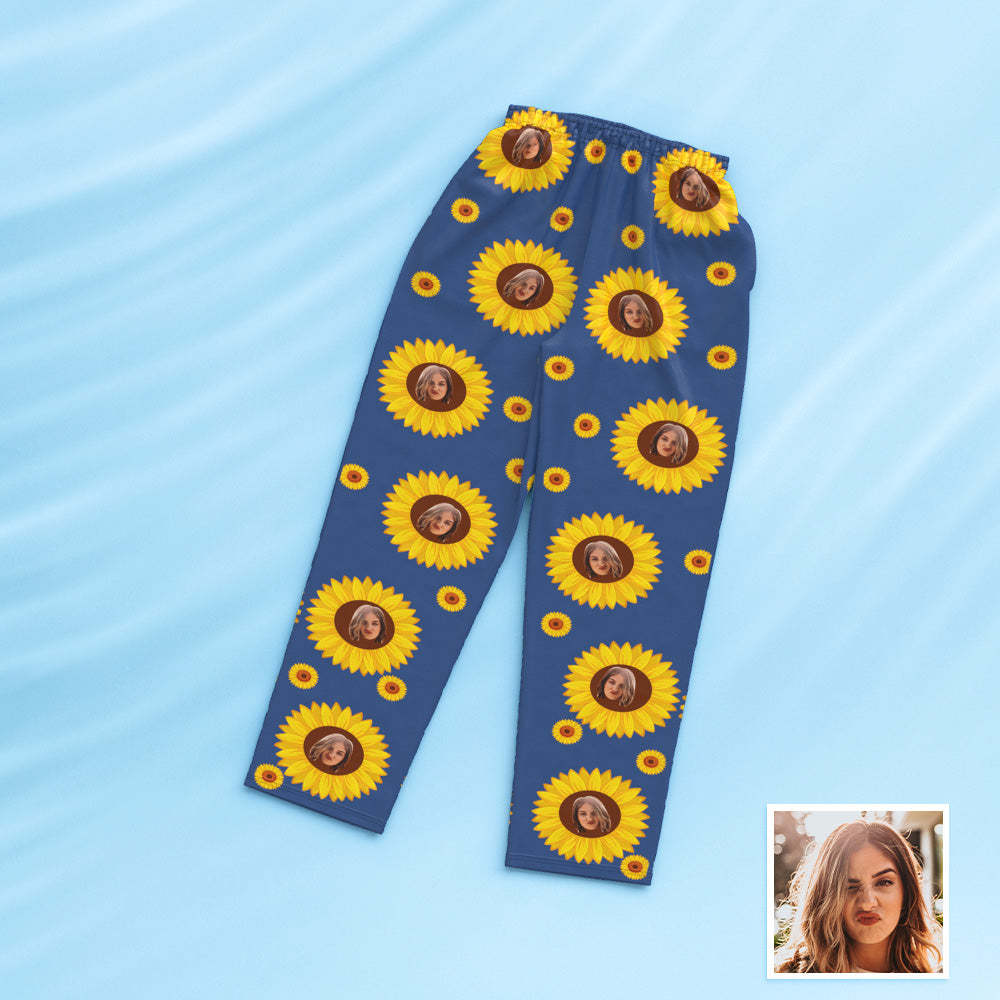 Visage Personnalisé À Manches Longues Bouton Vers Le Bas Vêtements De Nuit Personnalisé Photo Bleu Pyjamas Tournesols Cadeau Pour Les Amis - MaPhotocaleconFr