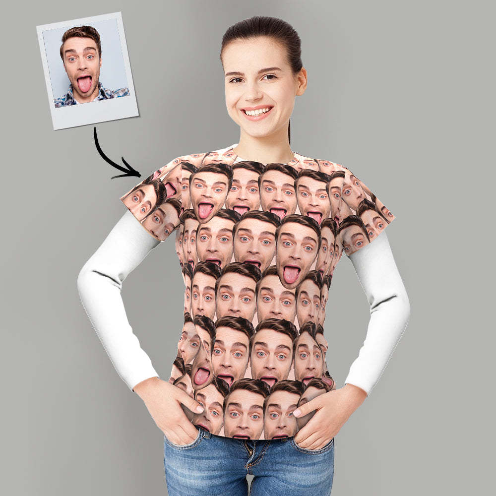 T-shirt Personnalisé Chemise Personnalisée My Face All Over Print Tee Mash Face T-shirt Femme - MaPhotocaleconFr