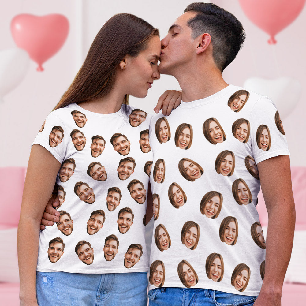 Saint-valentin Personnalisé Mon Visage Partout Imprimé T-shirt Personnalisé Visage Chemise Hommes T-shirt Cadeau pour les couples