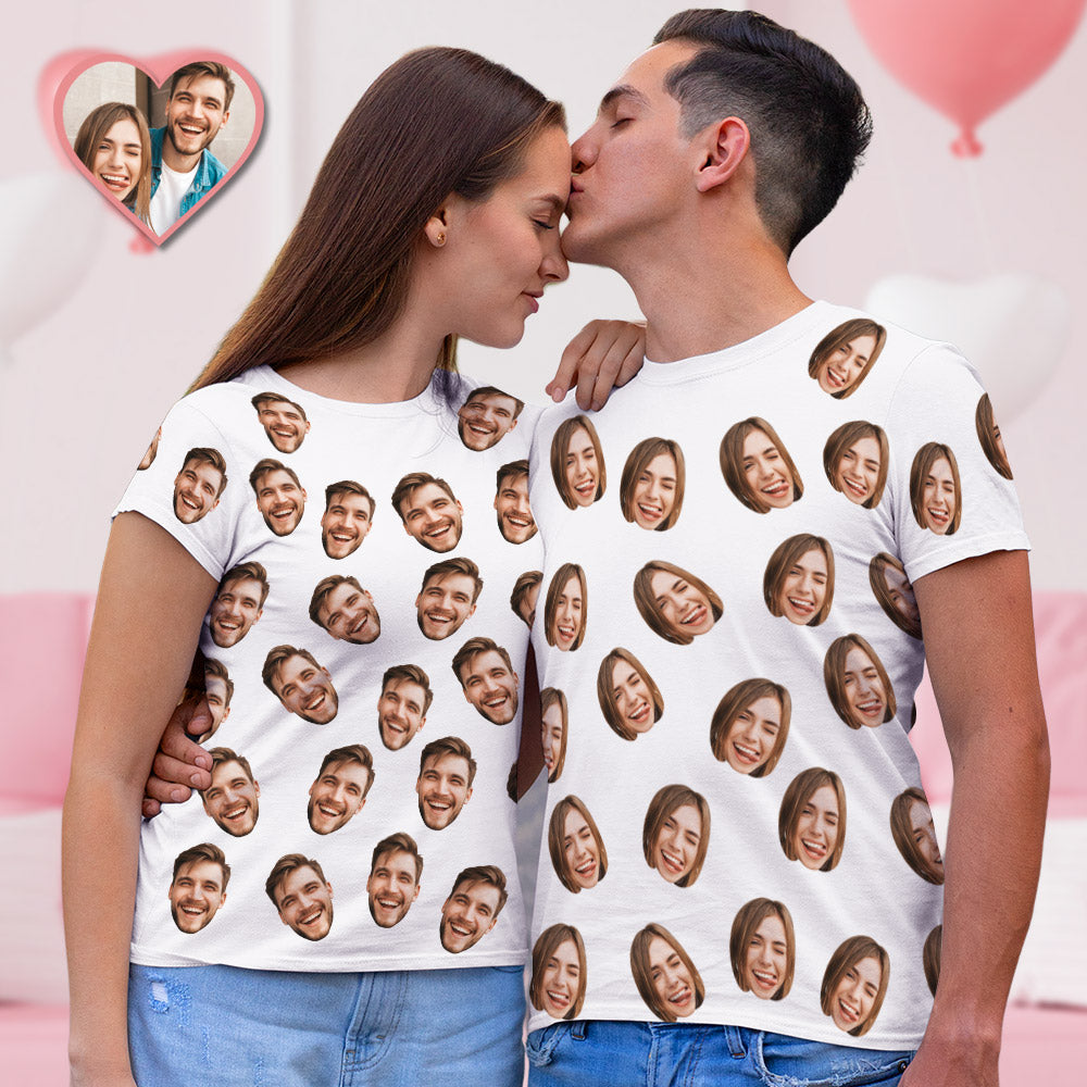 Saint-valentin Personnalisé Mon Visage Partout Imprimé T-shirt Personnalisé Visage Chemise Hommes T-shirt Cadeau pour les couples