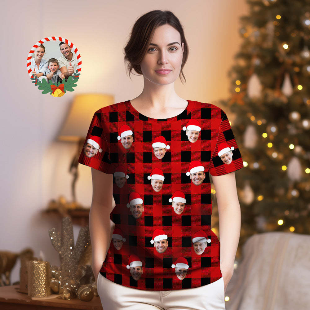 T-shirt À Carreaux Buffalo Personnalisé T-shirts Visage Personnalisés Joyeux Noël - MaPhotocaleconFr