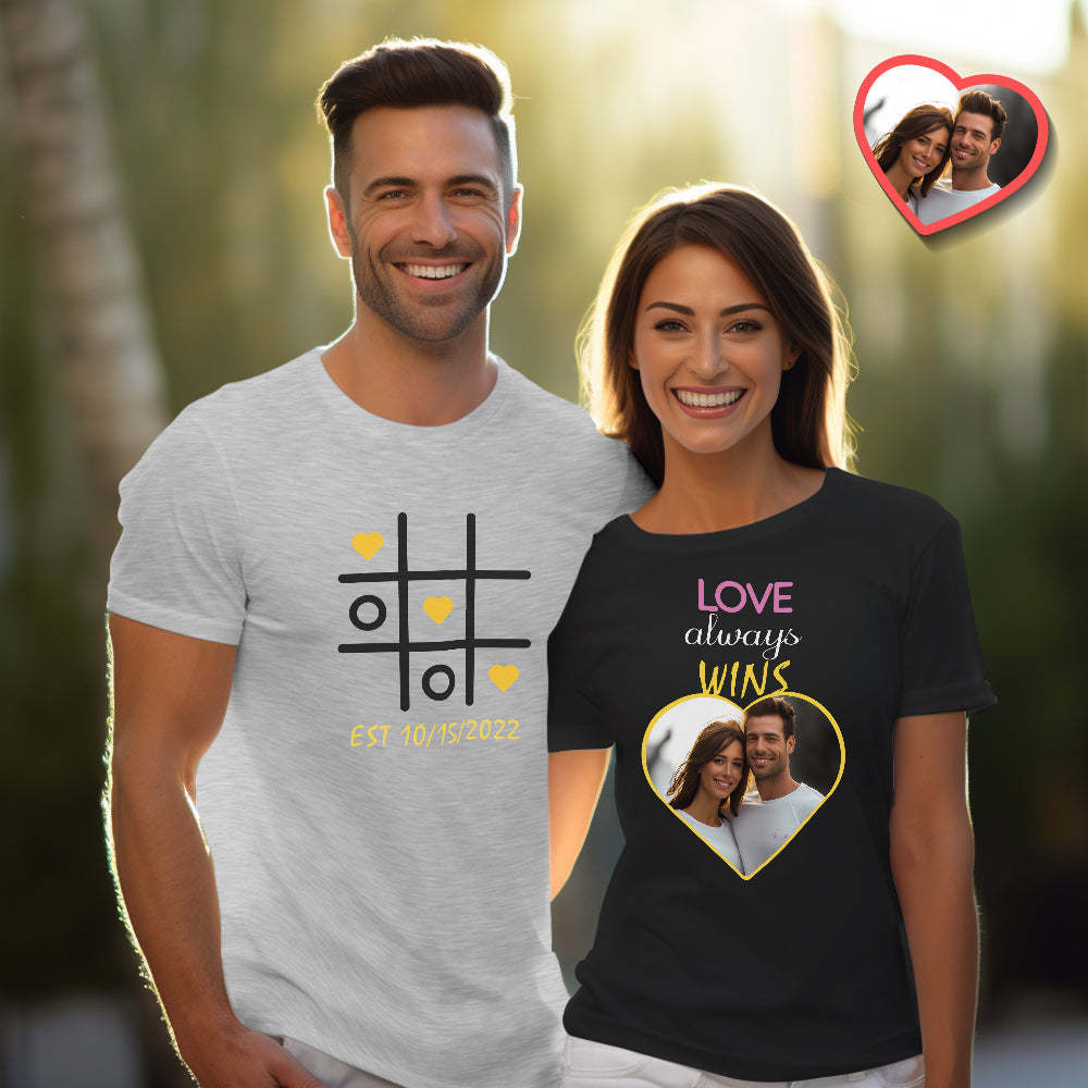 T-shirts Assortis Personnalisés Pour Couple, L'amour Gagne Toujours, Chemises De Couple Personnalisées, Cadeau De Saint-valentin - MaPhotocaleconFr