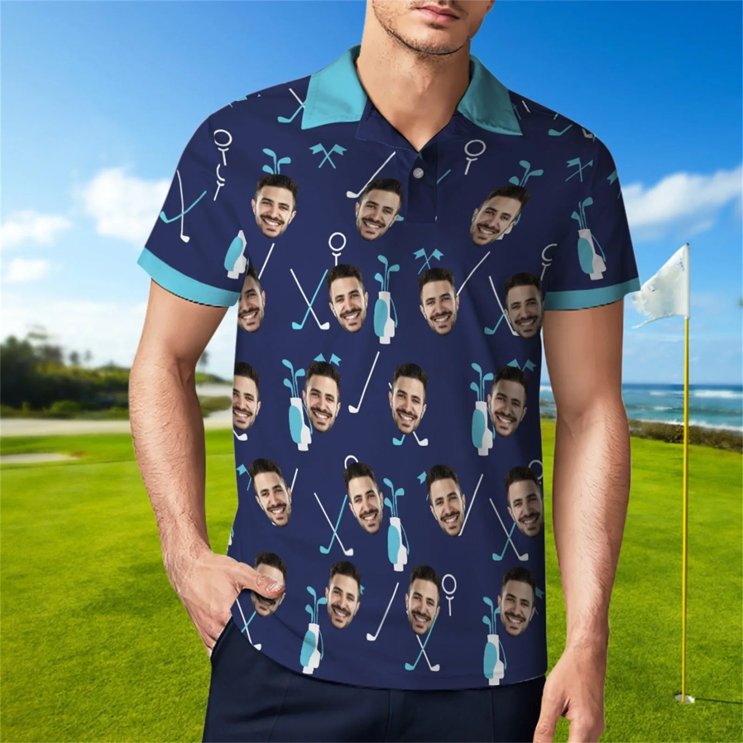 Polo Bleu Visage Personnalisé Pour Hommes Chemises De Golf Personnalisées