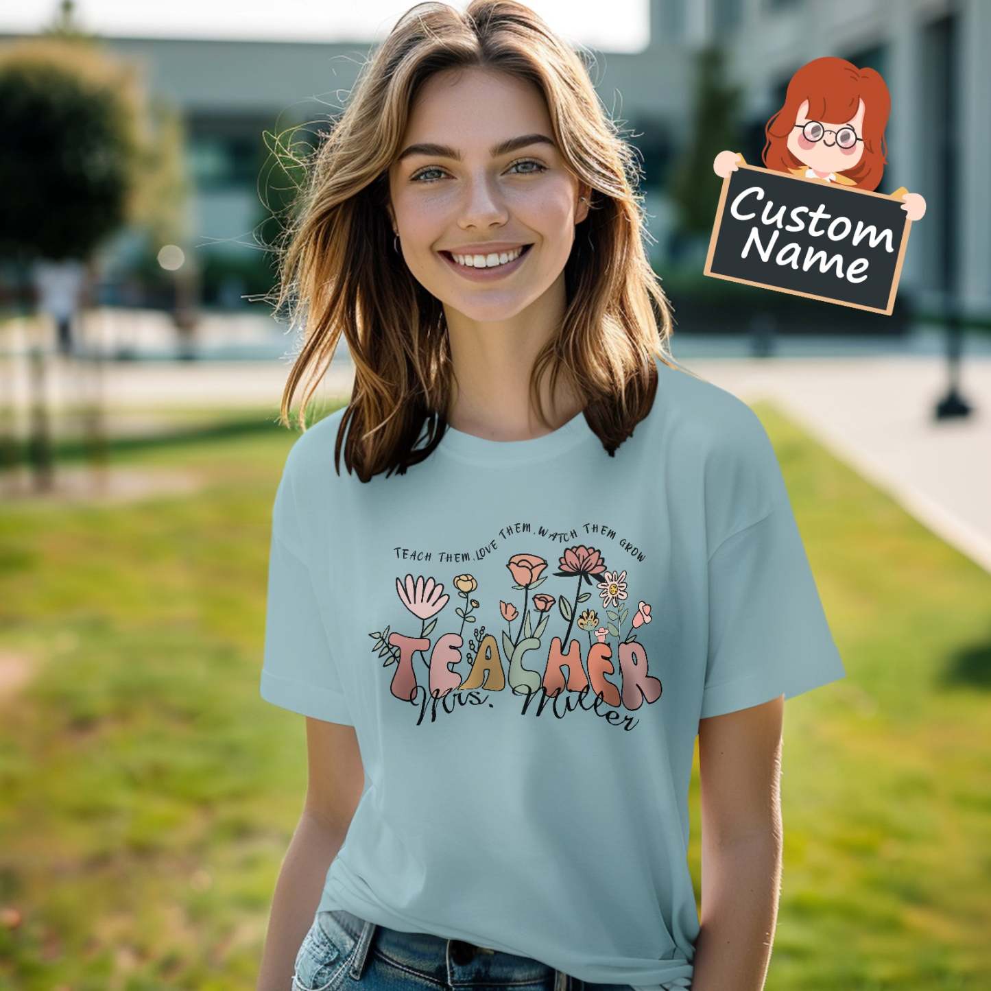 T-shirt Personnalisé À Fleurs Sauvages, Chemise Avec Nom Personnalisé Pour Enseignant, Cadeaux De Rentrée Scolaire - MaPhotocaleconFr