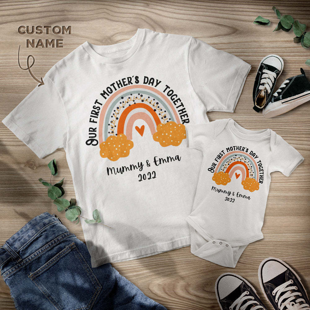 Custom Name Our First Mother's Day Together Shirt Mother's Day Mommy And Baby Matching Outfit
