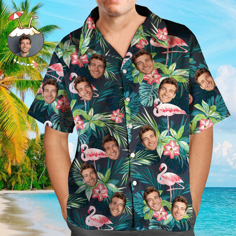 Chemise de visage personnalisée pour hommes Chemise hawaïenne à manches courtes Feuilles tropicales Flamingo