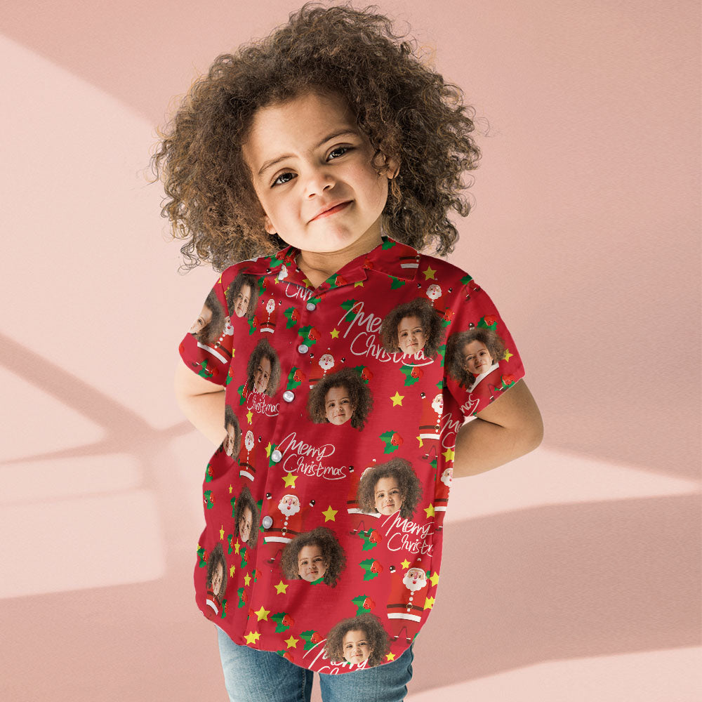 Chemise Visage Personnalisée Photo Personnalisée Chemise Hawaïenne Pour Enfant Cadeau De Noël - Joyeux Père Noël