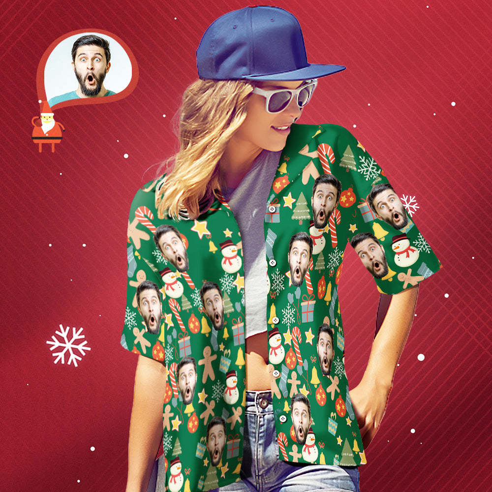 Chemise Visage Personnalisée Photo Personnalisée Chemise Hawaïenne Femme Cadeau Surprise De Noël - Joyeux Noël - MaPhotocaleconFr
