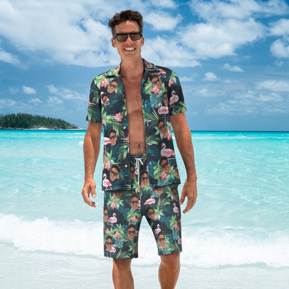 Visage Personnalisé Chemise Hawaïenne Et Short De Plage  Personnalisé Hommes Photo Flamingo Fleur Vacances Fête Cadeau