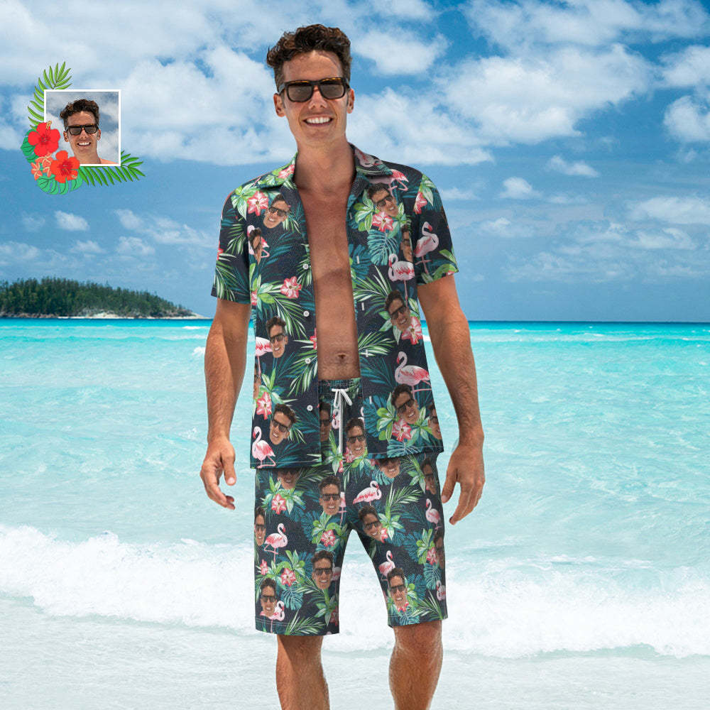 Visage Personnalisé Chemise Hawaïenne Et Short De Plage Ensemble Personnalisé Hommes Photo Flamingo Fleur Ensemble Vacances Fête Cadeau - MaPhotocaleconFr