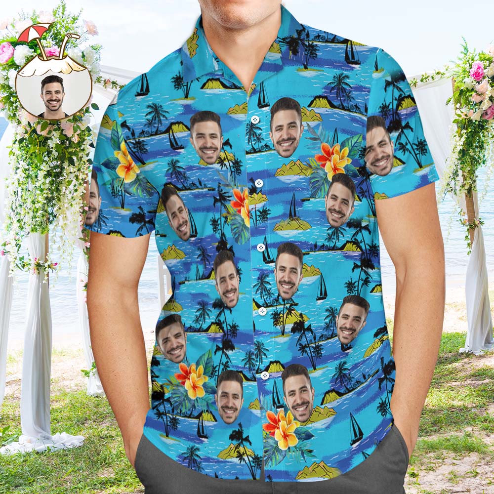 Chemise hawaïenne à visage personnalisé Chemise à manches courtes à grandes feuilles pour hommes Anniversaire de mariage