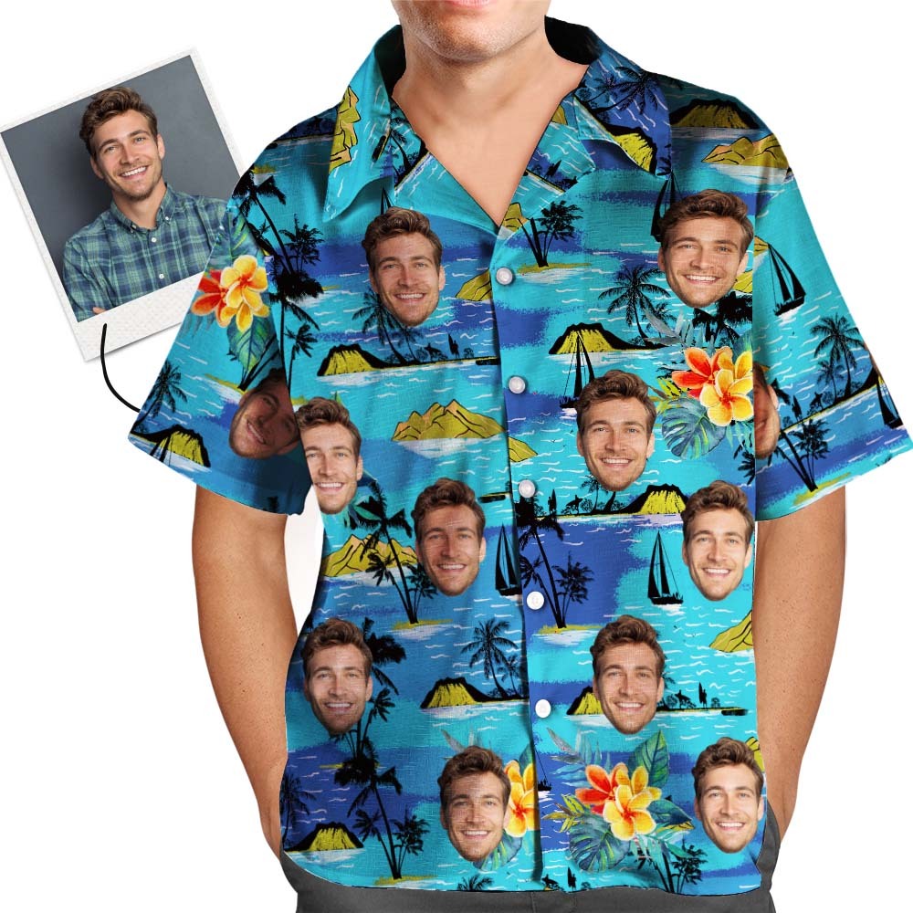 Chemise hawaïenne à visage personnalisé Chemise à manches courtes à grandes feuilles pour hommes