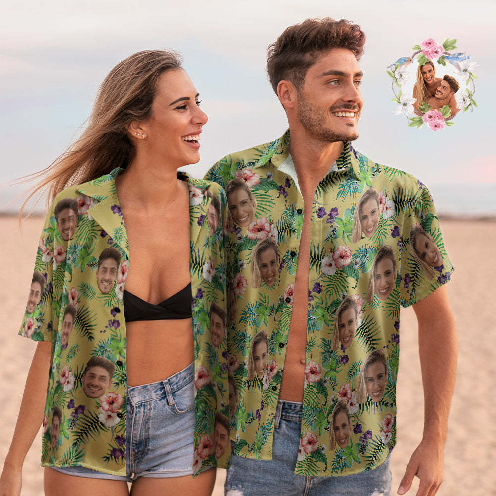 Couple De Visage Personnalisé Assorti Chemises Hawaïennes Fleurs Conception Cadeau Saint Valentin - MaPhotocaleconFr