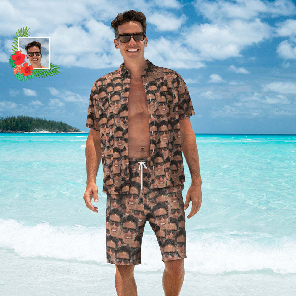 Visage Personnalisé Chemise Hawaïenne Et Short De Plage Ensemble Personnalisé Hommes Photo Visage Mash Ensemble Vacances Fête Cadeau - MaPhotocaleconFr