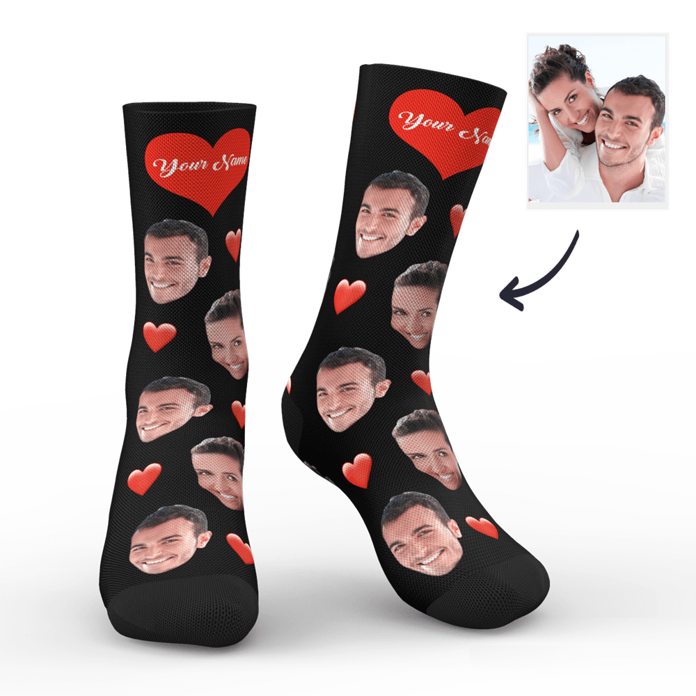Aperçu 3d Chaussettes Personnalisées Avec Visage Et Cœur Avec Votre Texte