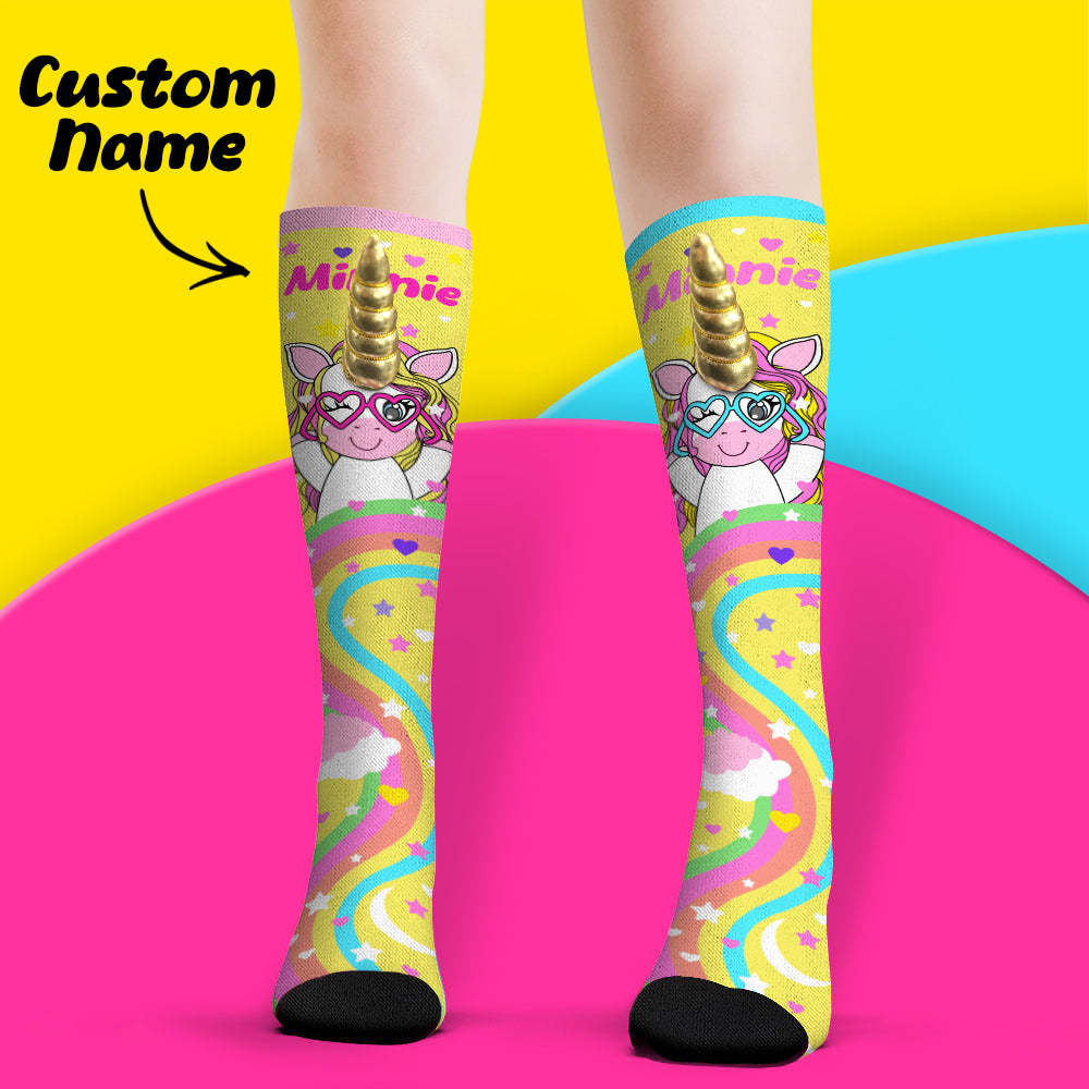 Chaussettes Personnalisées Avec Nom, Chaussettes Hautes Au Genou, Chaussettes De Dessin Animé En Corne De Licorne 3d - MaPhotocaleconFr