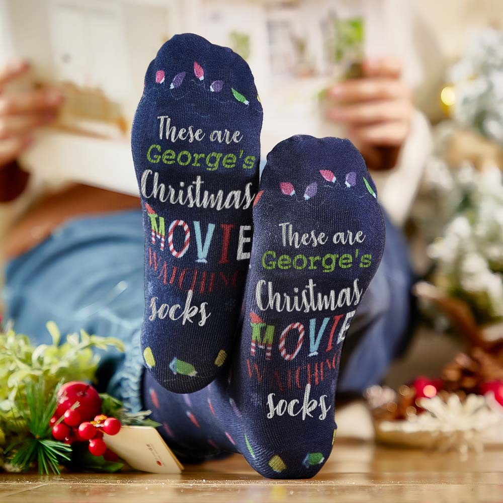 Chaussettes Avec Nom Personnalisé, Chaussettes Lumineuses De Noël Personnalisées, Chaussettes Pour Regarder Des Films, Joyeux Noël - MaPhotocaleconFr