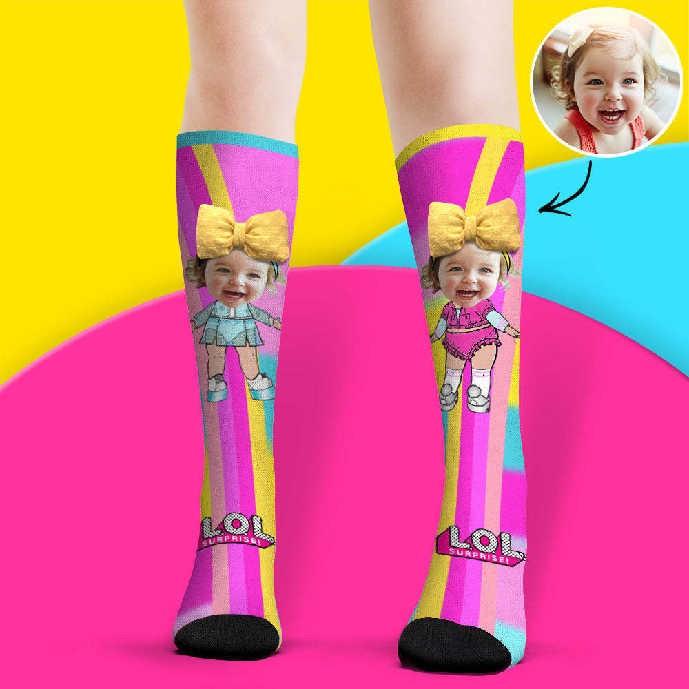 Chaussettes Personnalisées Pour Le Visage, Chaussettes Hautes Aux Genoux, Chaussettes De Dessin Animé Avec Nœud Mignon 3d - MaPhotocaleconFr