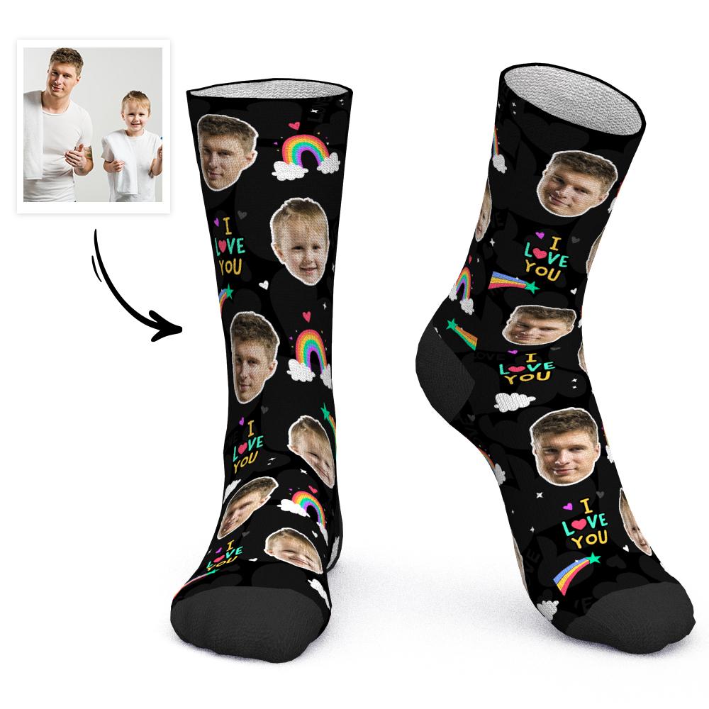 Cadeau Fête Des Pères - Chaussettes Visage Personnalisées Chaussettes Arc-en-ciel Je T'aime Papa - MaPhotocaleconFr