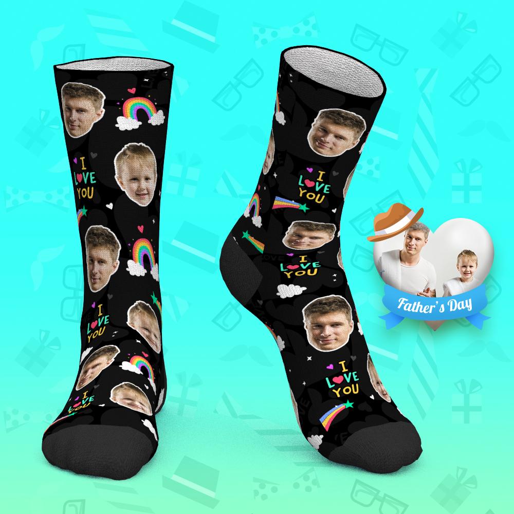 Cadeau Fête Des Pères - Chaussettes Visage Personnalisées Chaussettes Arc-en-ciel Je T'aime Papa - MaPhotocaleconFr