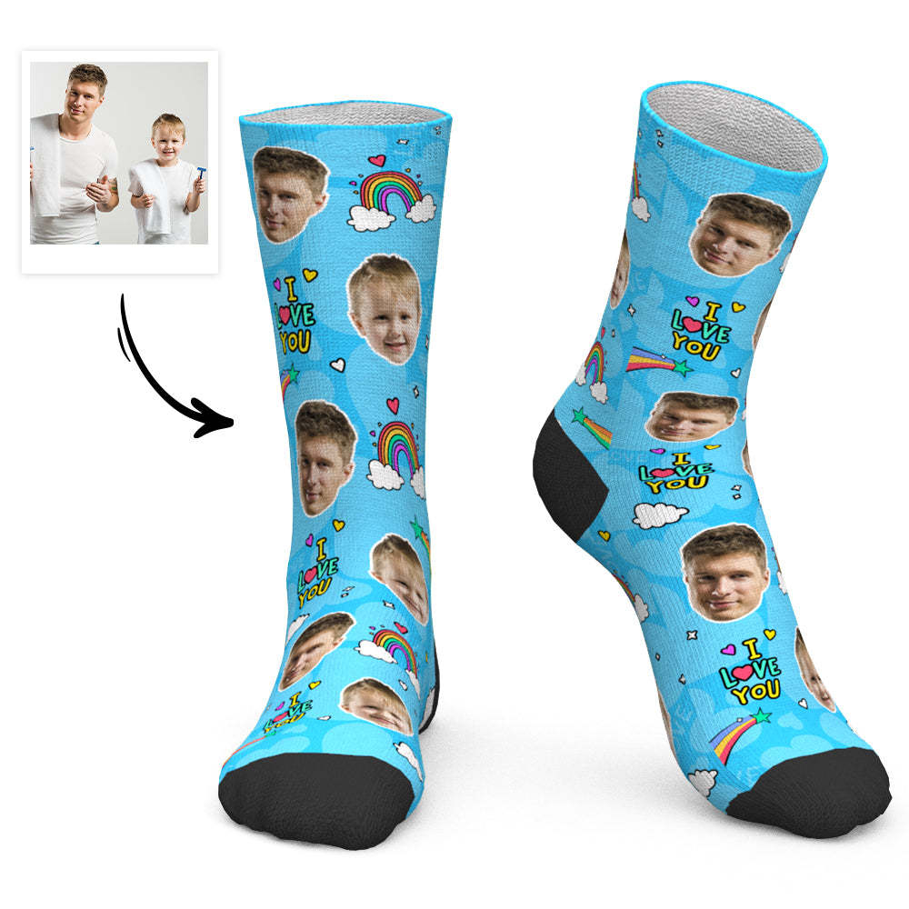Cadeau Fête Des Pères - Chaussettes Visage Personnalisées Chaussettes Arc-en-ciel Je T'aime Papa - MaPhotocaleconFr