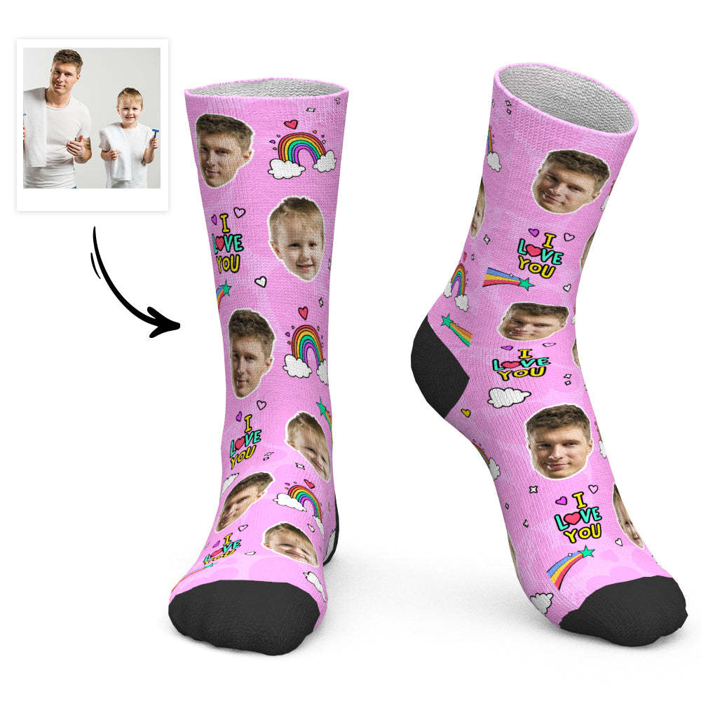 Cadeau Fête Des Pères - Chaussettes Visage Personnalisées Chaussettes Arc-en-ciel Je T'aime Papa - MaPhotocaleconFr