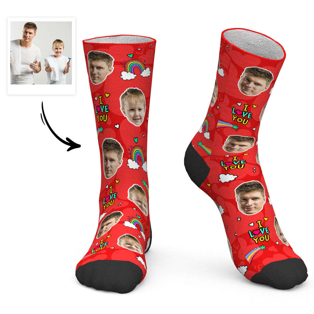 Cadeau Fête Des Pères - Chaussettes Visage Personnalisées Chaussettes Arc-en-ciel Je T'aime Papa - MaPhotocaleconFr