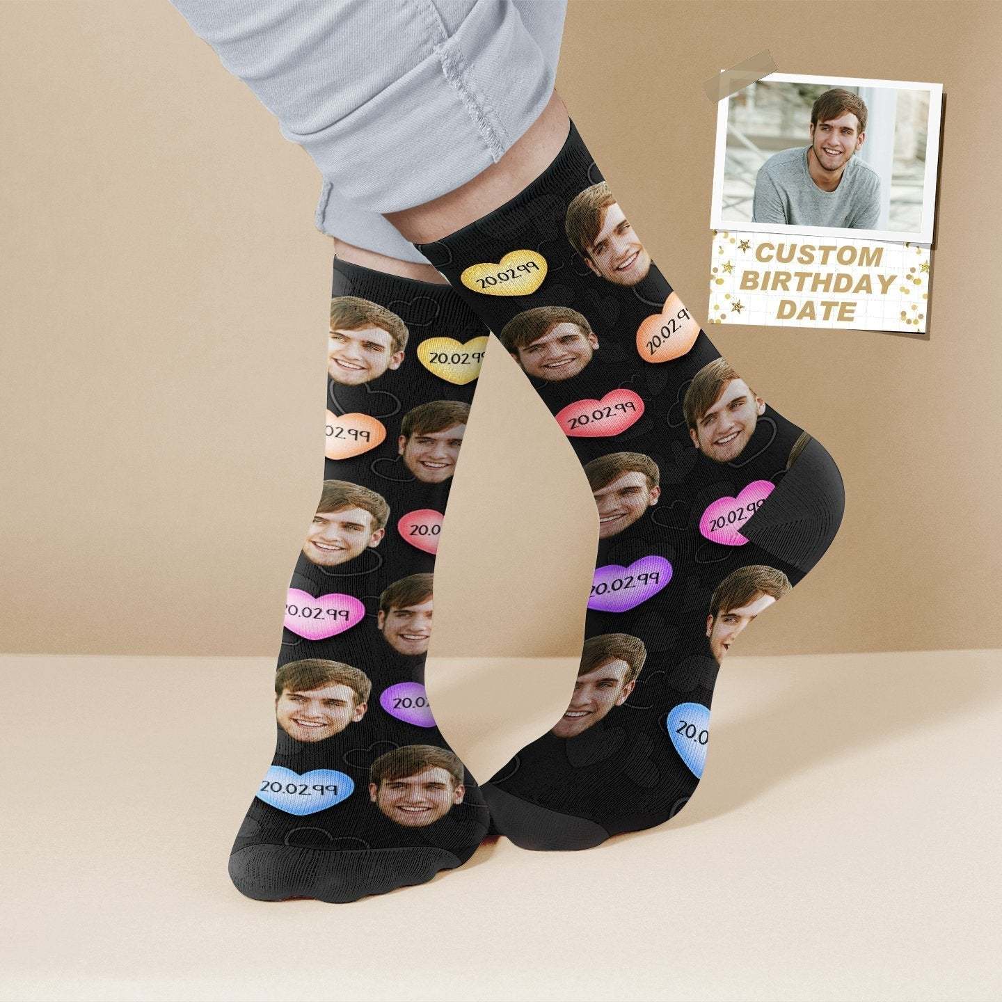 Chaussettes Personnalisées Avec Visage Et Date D'anniversaire, Chaussettes Photo Personnalisées, Chaussettes Joyeux Anniversaire, Cadeau D'anniversaire - MaPhotocaleconFr