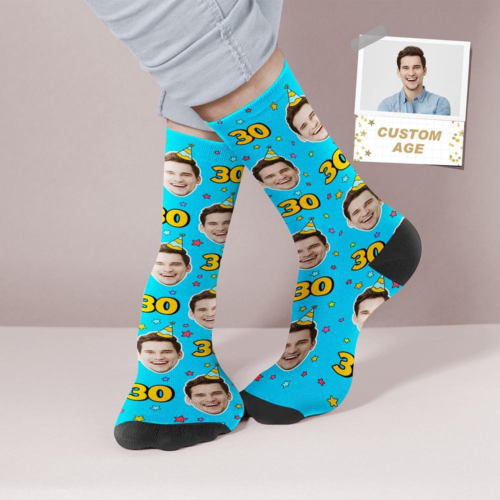 Chaussettes Personnalisées Pour Le Visage Et L’âge Chaussettes D’anniversaire Personnalisées Smokey Blue Cadeau D’anniversaire - MaPhotocaleconFr