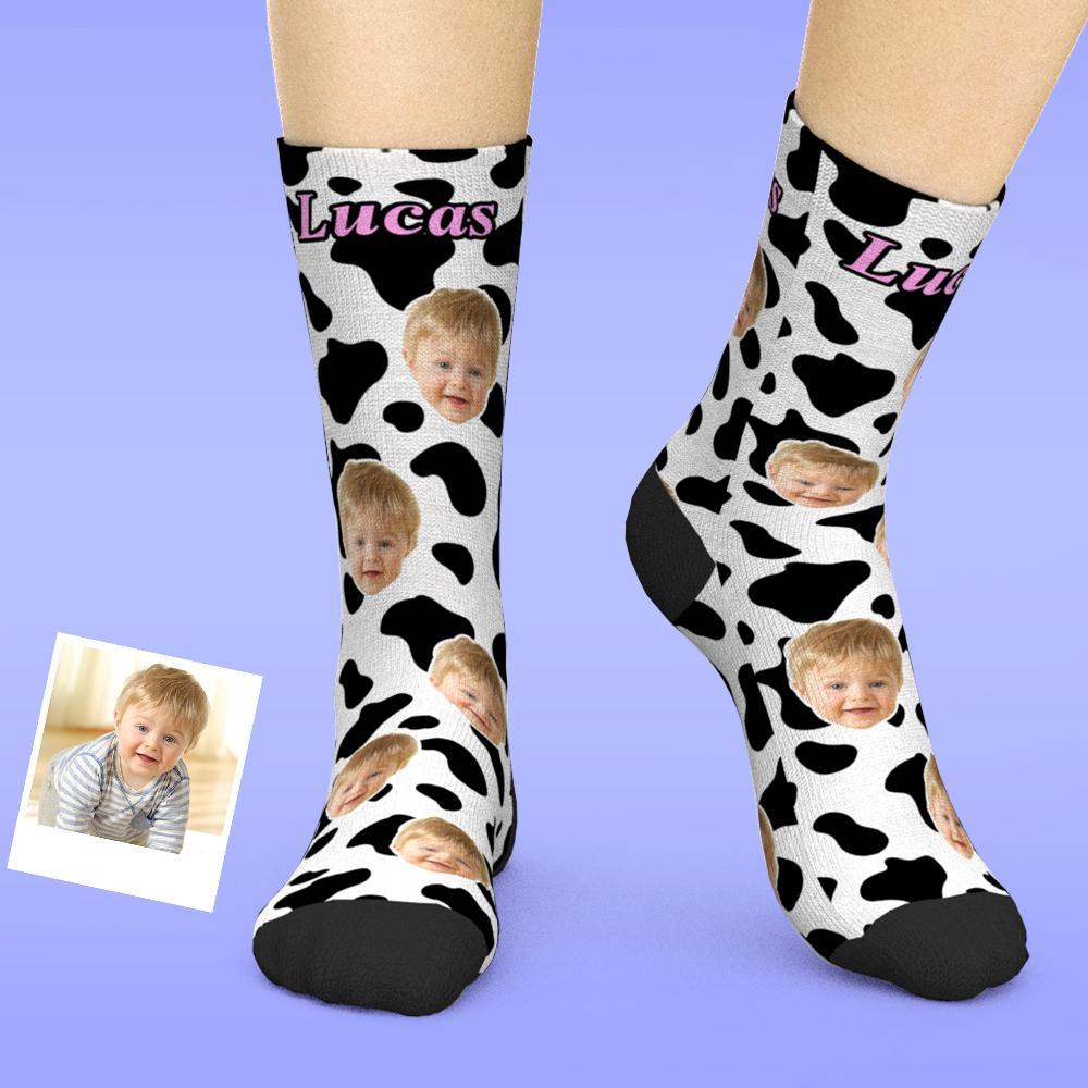Chaussettes Personnalisées Pour Le Visage, Ajoutez Des Images Et Un Nom - Vache - MaPhotocaleconFr