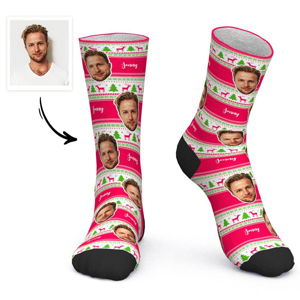 Chaussettes Personnalisées Avec Photo Et Texte, Cadeau De Noël, Chaussettes De Père Noël – Arbre De Noël Et Élan - MaPhotocaleconFr