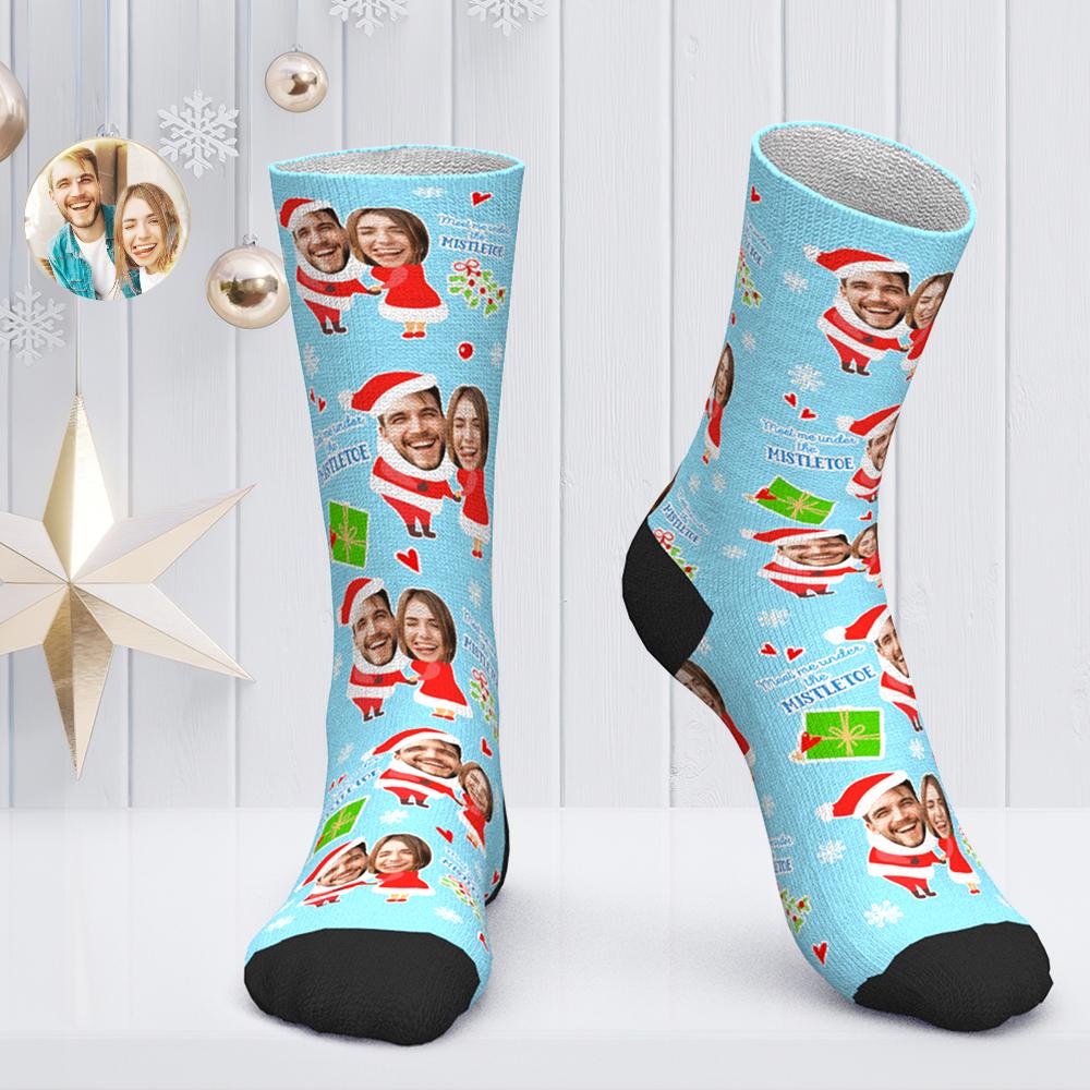 Chaussettes Personnalisées Pour Le Visage Chaussettes Photo Personnalisées Cadeau De Noël Chaussettes Du Père Noël - Rencontrez-moi Sous Le Gui - MaPhotocaleconFr