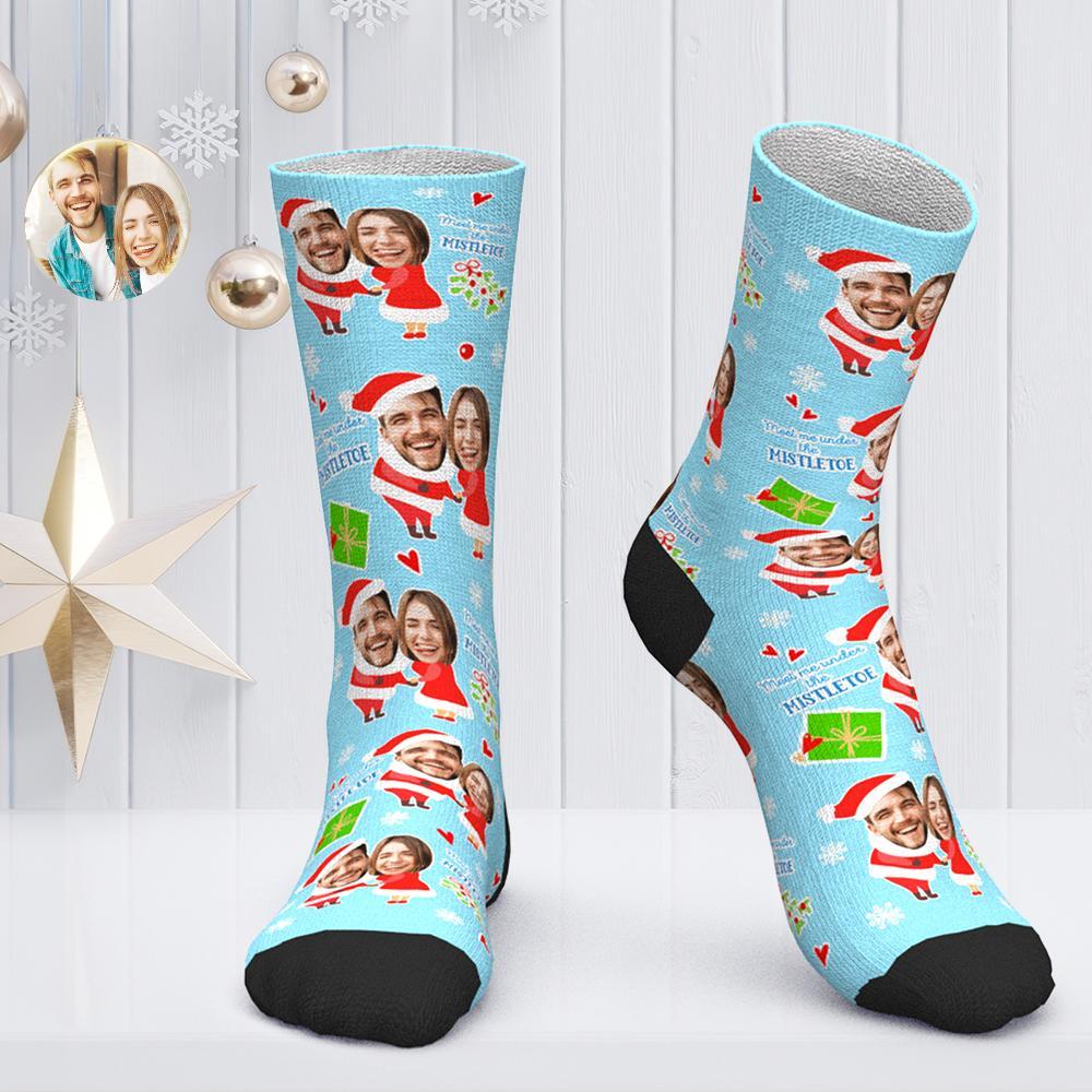 Chaussettes Personnalisées Pour Le Visage Chaussettes Photo Personnalisées Cadeau De Noël Pour Les Amoureux - Rencontrez-moi Sous Le Gui - MaPhotocaleconFr