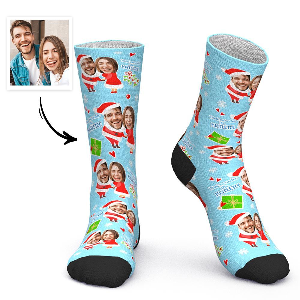 Chaussettes Personnalisées Pour Le Visage Chaussettes Photo Personnalisées Cadeau De Noël Pour Les Amoureux - Rencontrez-moi Sous Le Gui - MaPhotocaleconFr