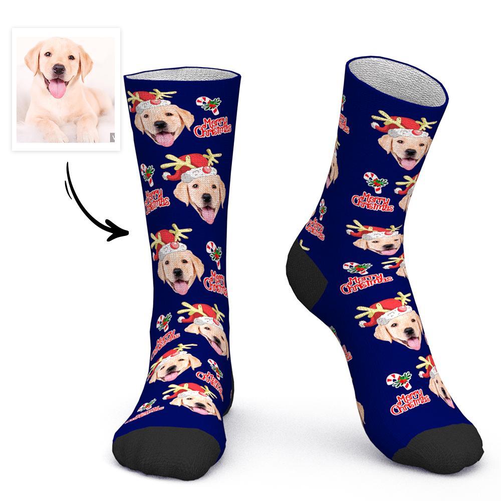 Chaussettes Visage Personnalisées Chaussettes Photo Personnalisées Cadeaux De Noël Chaussettes De Père Noël - Joyeux Noël Chien Coupé - MaPhotocaleconFr
