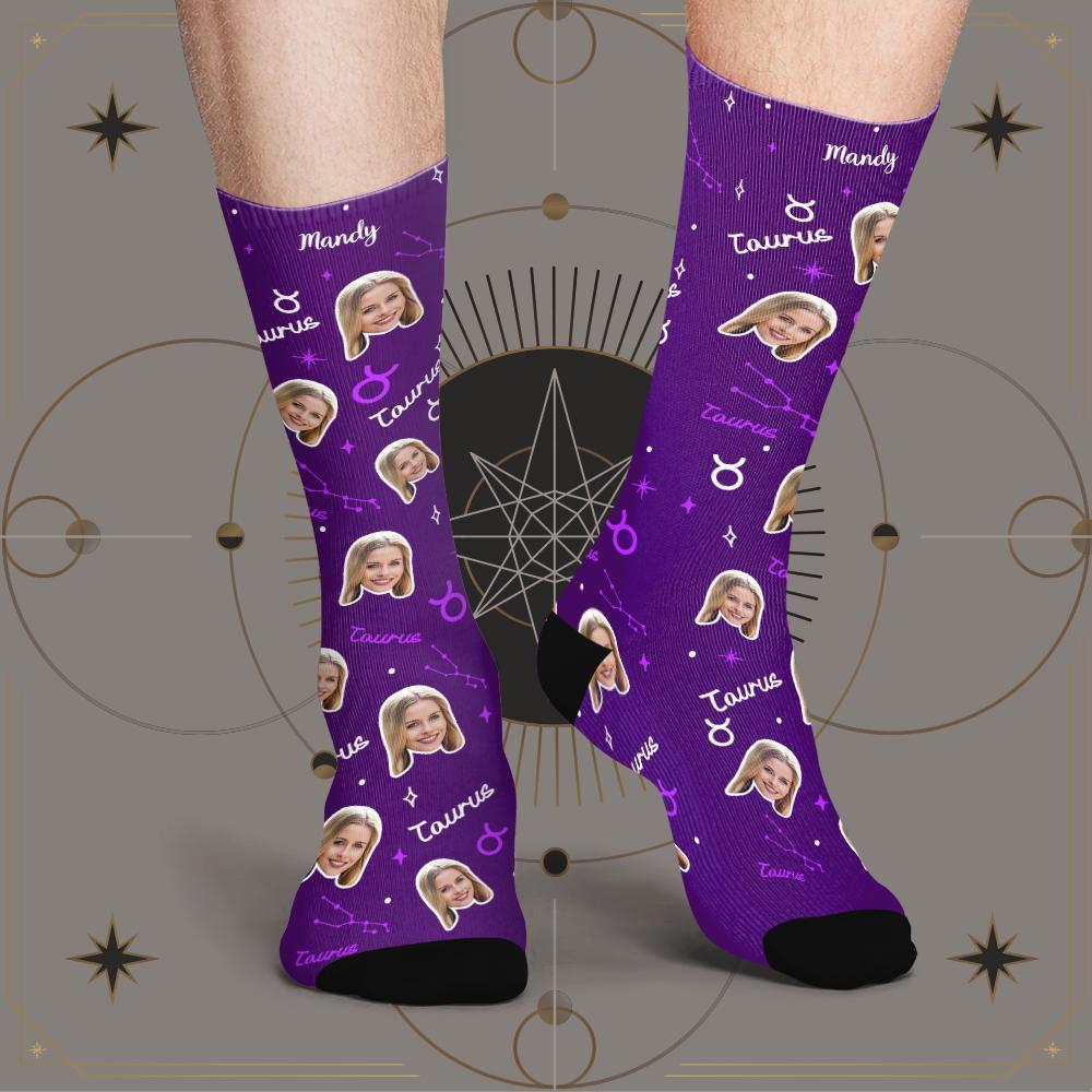 Chaussettes Porte-bonheur Taureau Personnalisées, Visage Personnalisé, Chaussettes Porte-bonheur Constellation Exclusives - MaPhotocaleconFr