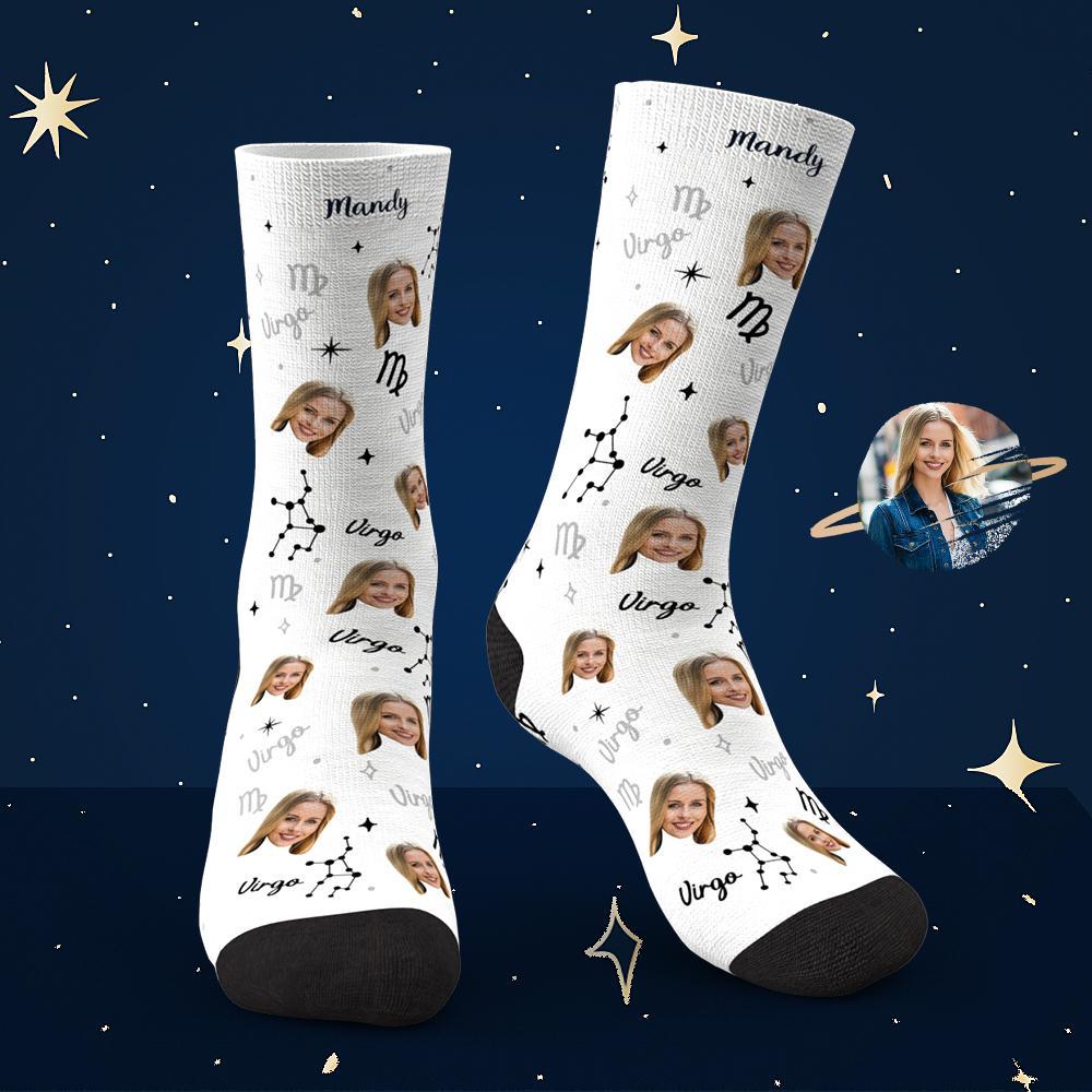 Chaussettes Porte-bonheur Vierge Personnalisées, Visage Personnalisé, Chaussettes Porte-bonheur Constellation Exclusives - MaPhotocaleconFr