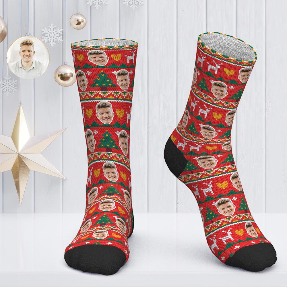 Chaussettes Visage Personnalisées Chaussettes Photo Personnalisées Cadeau De Noël Chaussettes De Père Noël Arbre De Noël - Chaussette Rouge - MaPhotocaleconFr